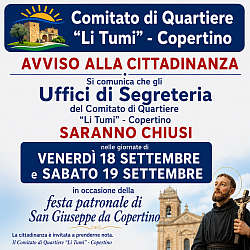 Chiusura degli Uffici di Segreteria – 18 e 19 settembre per la Festa di San Giuseppe da Copertino